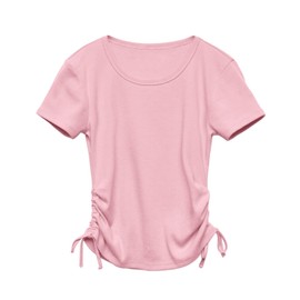 Imily Bela Girls Tees Shirts Cute Crew Neck Short Sleeve Side Drawstring Solid Tops Kids Children Summer Clothes Light Pink