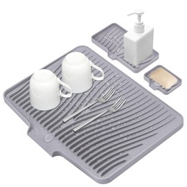 TIKNIK Silicone Dish Drying Mat for Kitchen Counter, Dish Drying Pad, Non-Slip Drain Pad with Built-in Drain, Heat Resistant Stone Drying Mat, 1 set XL(Grey)