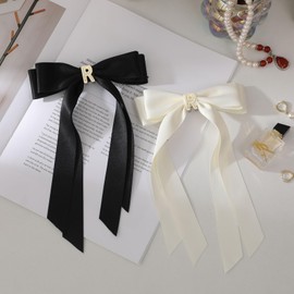 EVOCMEMO Juego De 2 Lazos Y Cintas De Satén Personalizados Para El Pelo: Pinzas Negras Y Beige Para Mujeres, Niñas Y Niños | Accesorios Para El Pelo Bonitos Para Bodas, Cumpleaños, Navidad Y San Valen