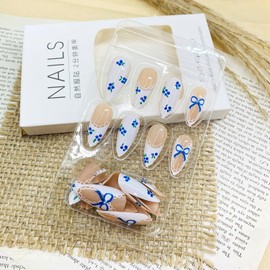 LWTZLW White French Tip Press on Nails Medium Almond False Nails with Pearl Bow Design Full Cover Glue on Nail Reusable Acrylic Fake Nails Glossy Artificial Stick on Nail for Women