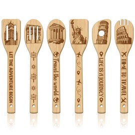 GLOBLELAND 6Pcs Famous Buildings Wooden Spoons Utensil Set Travel Bamboo Carving Kitchen Cooking Utensils Wooden Engraved Cooking Spatula Set for Kitchen Fun House Warming Gift