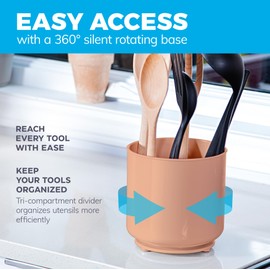Rotating Extra Large Peach Plastic Utensil Holder Caddy with Sturdy No-Tip Weighted Base, Removable Divider, and Gripped Insert - Dishwasher Safe Kitchen Utensil Holder for Countertop