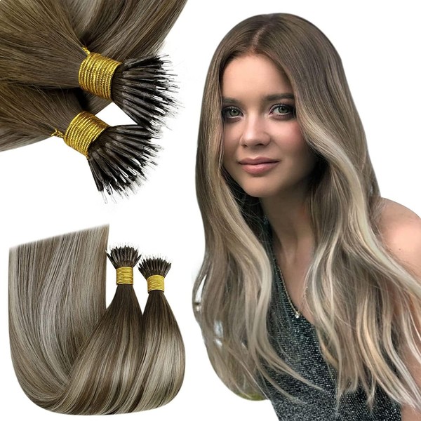 RUNATURE Nano Extensions Real Hair 1 g Brown Blonde Balayage 35 cm Pre-Bonded Real Hair Extensions Nano Ring 50 g 50s Balayage Brown Ombre Blonde Nano Tip Extensions Real Hair Colour #3/8/22