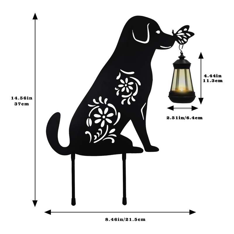 Solar Lights Outdoor Garden Decor - Metal Dog Holding Lantern