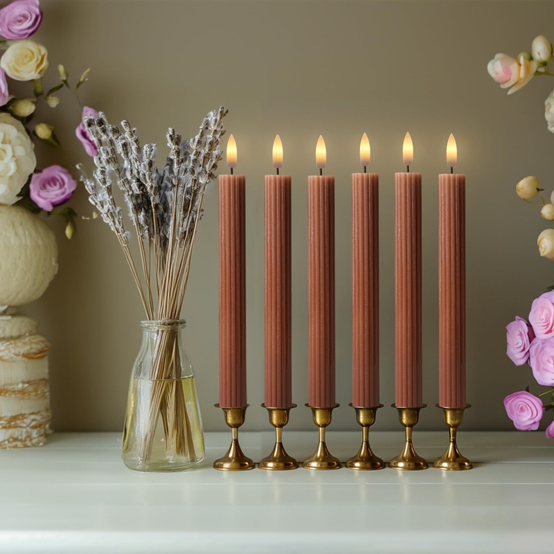 WYZworks 10" Fluted Ribbed LED Brown Tan Grooved Pillar Candles,