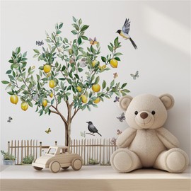 Condessacity Wall Sticker Tree Summer Green Stylish Lemon Tree Bird Butterfly Wall Sticker Large Leaves Wallpaper Removable Scandinavian Wall Paper Waterproof Wall Sticker Decoration Living Room