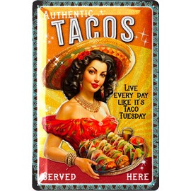 LANOLU Retro Tin Sign Tacos Served Here, American Diner Decoration, Tin Signs Barbecue & Kitchen, Burger Gift, Decoration USA, Restaurant Decoration, Retro Signs Tin 20 x 30 cm