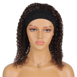 WOCO Short Curly Afro Headband Wig for Black Women 150% Density Glueless None Lace Front Deep Wave Shoulder Length Wigs Natural Color Human Hair Scarf Replacement Wigs Brown 22"