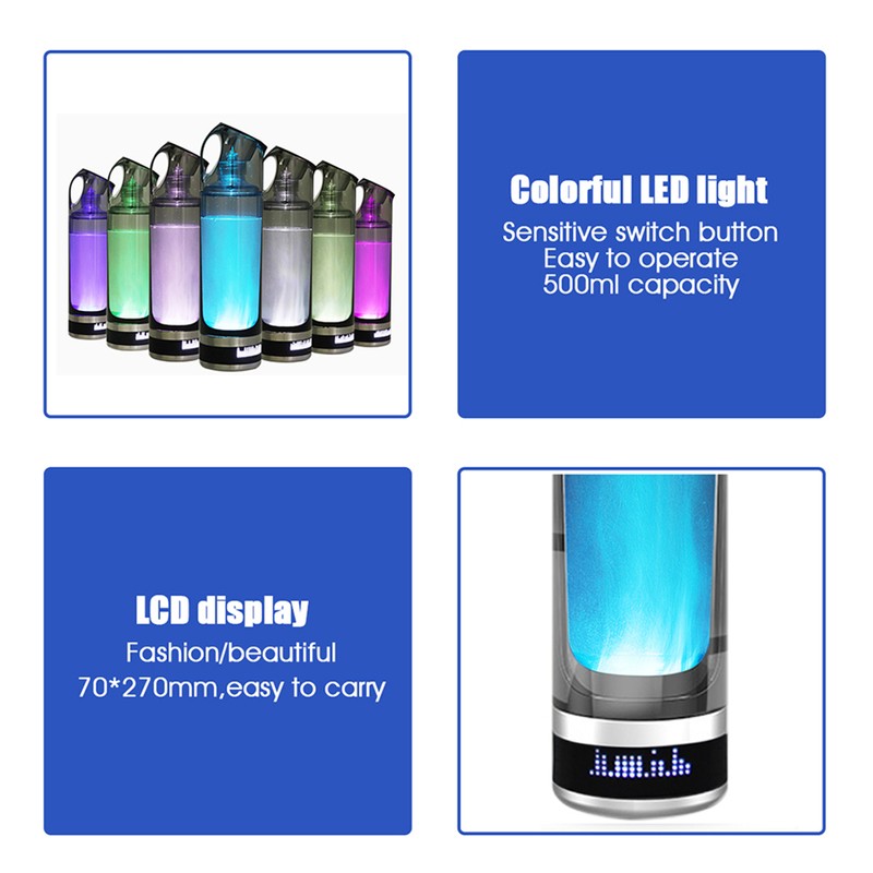 Portable 500ml Hydrogen Rich Water Bottle Alkaline Generator LED Healthy