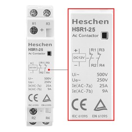 Heschen Household AC Contactor, HSR1-25, Ie 25A, 2 Pole, Two Normally Closed, DC 12V Coil Voltage, 35mm DIN Rail Mount, Gray