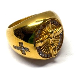 Christian Jesus Christ Cross Crystals 14 Kt Gold plate over Brass Mens 12 Ring