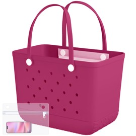 X-Large Rubber Beach Bag Tote Waterproof Tote Bag with Zipper Pocket Modern Travel Tote Bag Sports Beach (Rose Red, X-Large)