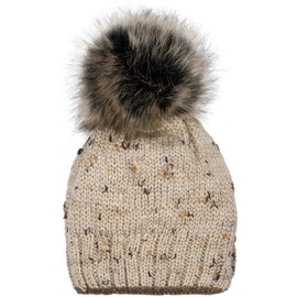 styleBREAKER 04024178 Women's Knitted Bobble Hat Colourful Patterned with Glitter Thread and Fleece Lining Winter Fur Bobble Hat, beige