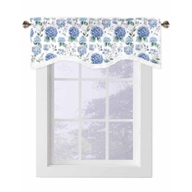 YOKOU Scalloped Valance Hydrangea Blue Flowers Kitchen Valances for Windows Light Filtering Spring Floral Blossom Eucalyptus Leaves Bedroom Short Curtains with Tassel Rod Pocket 1 Panel 54x18 Inch