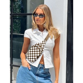 Checkered Sling Bag for Women, Small Checkered Crossbody Chest Bag with Shoulder Strap, Purse Travel Fitness(Mocha Brown)
