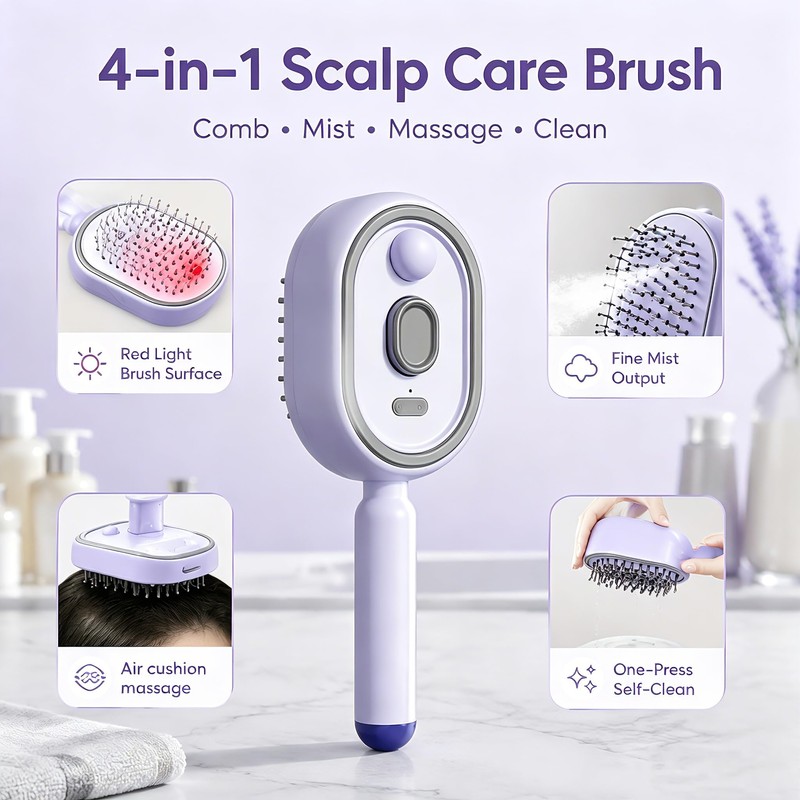 Electric Spray Air Cushion Massage Comb, Self-Clean Hair Detangler Brush