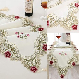 LeLehome 15 Inch X 96 Inch Table Runner, Classic Flowers Embroidered Lace Beige Floral Cabinet Dresser Scarves Table Top Home Dining Party Decoration - Red Rose