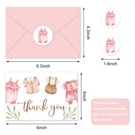 JarThenaAMCS 24 Pack Baby Shower Thank You Cards with Envelope Sticker Pink Baby Clothes Greeting Card Cute Blank Note Card for Girl Birthday Baby Shower