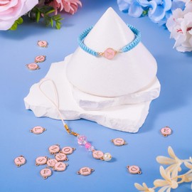 Cheriswelry 26pcs Pink Letter A~Z Connector Link Charms Flat Round Alphabet Links Alloy Enamel Metal Letter Bracelet Charms 17x12mm for DIY Craft Keychain Earring Necklace Jewelry Making