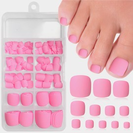 Bellelfin 240Pcs Press on Toenails, Matte Short Square Fake Toenails Pure Light Pink False Toe Nail Acrylic Glue on Toenails with 5 Sheets Adhesive Tabs for Women Girls