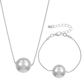 JDONL Punk Large Ball Bracelet Necklace Set Silver Big Round Ball Bead Pendant Chain Choker Bracelet Wedding Party Jewelry (Silver)