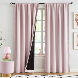 Pom-pom Pink Blackout Curtains for Bedroom 63inch Length Energy Efficient 100% Full Blackout Window Panels for Baby Girls Nursery Living Room Adorable Rod Pocket Drapes 2pcs 52"w Rod Pocket