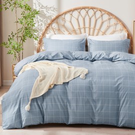 JELLYMONI 100% Natural Cotton 3pcs Plaid Duvet Cover Sets, Checkered Full Comforter Cover, 1 Duvet Cover and 2 Pillow Shams with Zipper Closure & Corner Ties