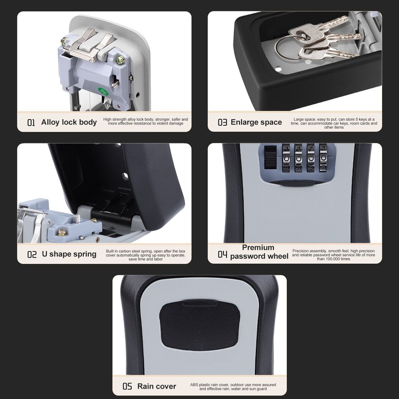 Key Lock Box Wall Mounted Multifunctional 4 Digit Combination Lock
