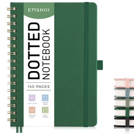 EMSHOI A5 Dotted Notebook, Spiral Notepad, 100gsm, PU HardCover Leather, Stencils, Pocket, Pen Loop, Ruler, Bookmark, 140 Pages Bullet Dot Grid Journal for Women Men Writing, 14.5 x 21cm, Green