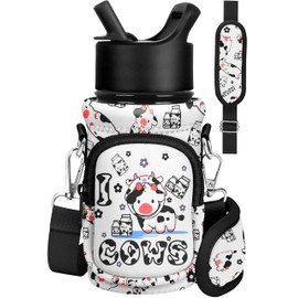 Miss Adola Water Bottle Carrier with Strap - Cute Cartoon Insulated Kids Water Bottle Holder for Boys Girls Cow Neoprene Bottle Bag for 10/12/14/16/18Oz Stainless Glass Bottles Sleeve
