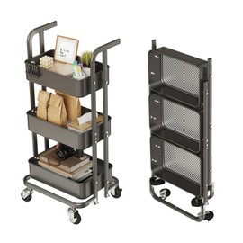 DTK Mini 3 Tier Foldable Rolling Cart, Metal Utility Cart with Lockable Wheels, Folding Storage Trolley for Living Room, Kitchen, Bathroom, Bedroom and Office, Black-Small