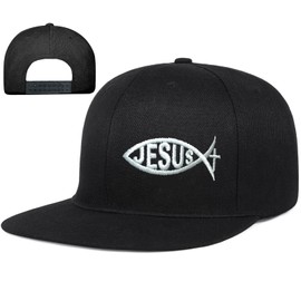 Embroidery Flat Bill Hats for Men Snapback Hats for Men Christian Jesus Cross Hat Mens Snap Back Flat Brim Black Baseball Cap Mens Adjustable Funny Fitted Trucker Hat for Hip Hop Skateboard Golf Gifts