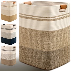 Degeyoyo Laundry Hamper, 95L Tall Laundry Basket with Leather Handles, Rectangle Large Clothes Hamper for Organizing, Cotton Woven Laundry Baskets Storage Hampers for Bedroom, Nursery, Living Room