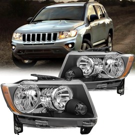 Aosky Halogen Headlights Compatible with 2011-2017 Compass/2011-2013 Jeep Grand Cherokee Headlight Black with Amber Reflector Left&Right
