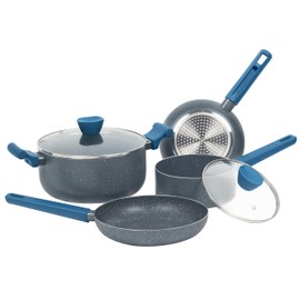 LINKLIFE Cooking Pots and Pans Set, 6-Piece Non Stick Granite Cookware Set, Small Sauce Pan & Stock Pot with Lid, Cool-Touch Handle, Universal Induction Base, Blue