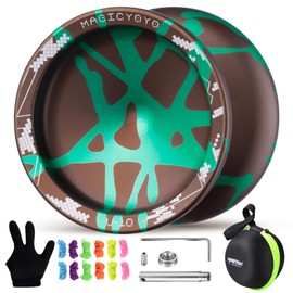 MAGICYOYO V10 Finger Spin Yoyo Professional Metal Trick Yoyo Responsive & Unresponsive Dual Purpose Yo Yo with Storage Case + Yo Yo Glove +12 Strings(Brown Green)