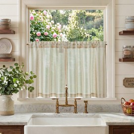 jinchan Striped Linen Kitchen Curtains 24 Inch Cafe Tier Curtains Balanced Stripe Farmhouse Small Drapes for Bathroom Laundry Over Sink Half Window Light Filtering 2 Panels Sage Green on Linen