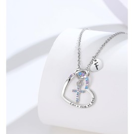 Cross Necklace for Girls | Baptism First Communion Gifts for Girls |I am a child of God Necklace | Letter initial Necklace | Letter 18K White Gold Plated Pendant Jewelry First Communion Baptism Gifts Christmas Birthday Gifts for Girl Women (F)