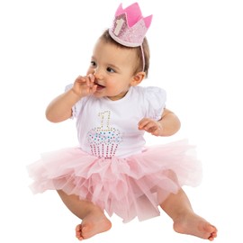 Funky Junque Traje de cumpleaños para bebé niña para primer cumpleaños, camiseta, falda tutú y diadema para tartas, Cupcake - (Camiseta, tutú y corona), Talla única