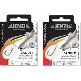 Set of 2 packs of Jenzi bound zander hooks (10 pieces) on monofilament cord, 80 cm zander leader mounted hook size, 1, 2, 4 or 1/0 + free Petri Heill! sticker (hook size 1/0)