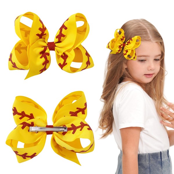 2 Pack 4.5" Softball Hair Bows for Girls, Yellow Grosgrain