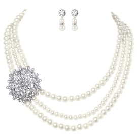 BABEYOND - Collar de perlas Gatsby de los años 20, collar de perlas de novia clásico, conjunto de arete, collar de perlas de imitación de revestimiento múltiple con broche, Perla de imitación