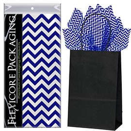 Flexicore Packaging Black Kraft Paper Gift Bags & Navy Blue Gift Wrap Tissue Paper | Size: 5.25 Inch X 3.25 Inch X 8.25 Inch | Count: 50 Bags | Color: Navy Blue Chevron