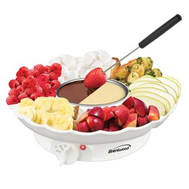 Brentwood TS-604W Electric Fondue Pot Set with 3 Section Tray and 4 Dipping Forks for Chocolate, Cheese, and more, White