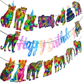 Neon Cheetah Happy Birthday Banners 3PCS Rainbow Leopard Birthday Party Decorations Cheetah Print Banners for Jungle Leopard Theme Party Supplies
