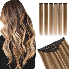 Elailite Single Clip In Hair Extensions Real Human Hair Remy Double Weft 6 Pcs Seamless Highlights Hairpieces Straight - #4/27 Medium Brown Mix Dark Blonde - 12 Inch 33g