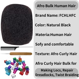 Afro Kinky Curly Hair Afro Kinky 100% Bulk Natural Human Hair Braiding Hair for Dreadlocks, Locs Repair, Dreadlock Extensions, Twists, Braids 120g 8inch (Natural Black，8Inch)