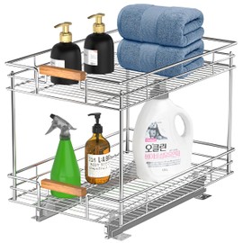 Mount Walker Pull Out Cabinet Organizer(14" W x 21" D), 2 Tier Slide Out Shelves with Wood Handle, Sliding Drawer Pull Storage Shelf for 15-1/4” Cabinet Opening, Chrome