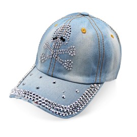 Glamexx24 Jeans Baseball Cap Unisex with Rhinestones Baseball Cap with Adjustable Buckle Sun Cap for Hiking and Sports, Skull-Light Blue, Unit size