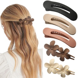 5 Pcs Flat Hair Clips for Women, Large Matte Flat Claw Clips for Thick Thin Hair,2 Styles Non-slip Lay Down Hair Claws for Daily Styling(Brown&White)